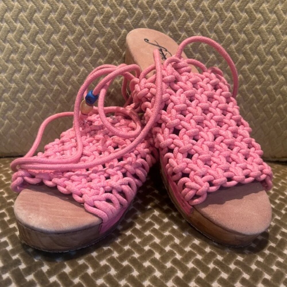 Free People Candy Pink Crochet Lace Up Wooden Heel Clogs NEW - Picture 11 of 16